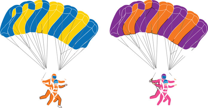 Tandem Skydiving Vector Set with Parachutists Gliding Under Colorful Parachutes for Extreme Sport Designs