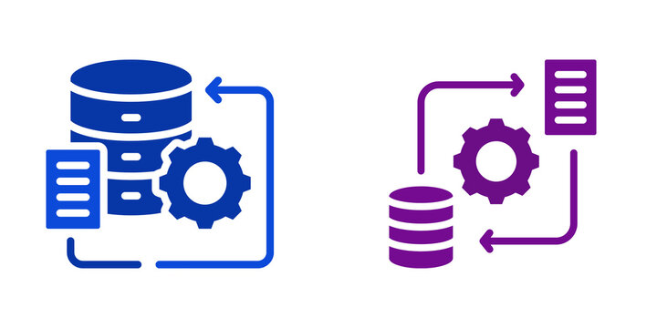 Database processing icon with gear and document isolated on transparent background