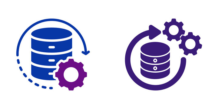 Database processing icon with gears and circular arrows isolated on transparent background