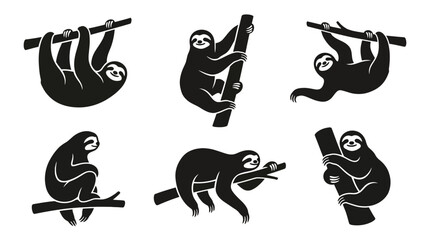 Obraz premium different black sloth silhouettes on a clean white background, minimalist vector style.