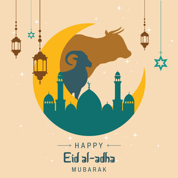 Eid Al Adha Mubarak with Mosque, Kurban Bayrami, Kurban Bajram, Muslim festival of sacrifice. 