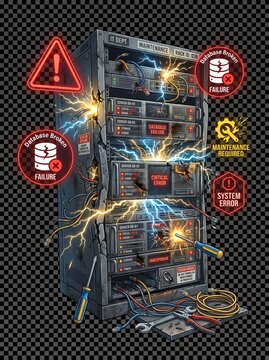 Damaged server rack with tools and error symbols indicating database failure and maintenance required