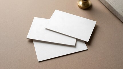 Fototapeta premium Three blank white business cards overlapping on a neutral beige background with subtle office decor elements, professional setting.