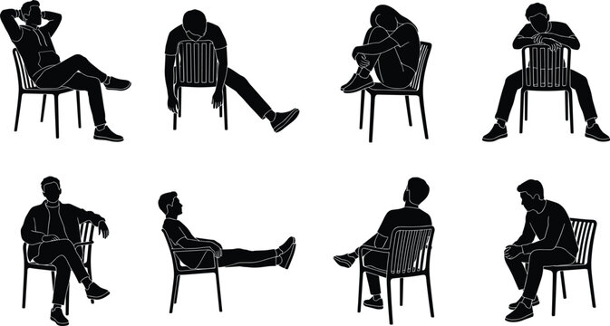 Set of detailed black silhouettes featuring a casual young man sitting on a modern slatted chair in various relaxed poses for diverse graphic projects