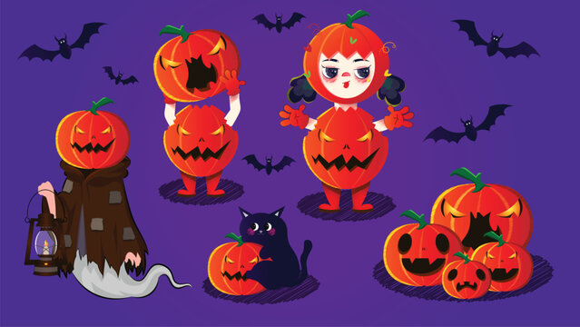 Art & Illustration Cute Halloween chibi character set with kids in pumpkin costumes, ghosts, and bats vector illustration bundle.