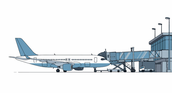 Airplane connected to a jet bridge at an airport terminal, with service vehicles