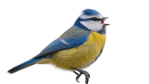 Blue tit bird with open beak, isolated on transparent background