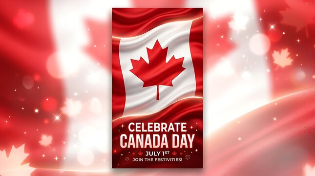 Canada day vertical banner with waving maple leaf flag and confetti