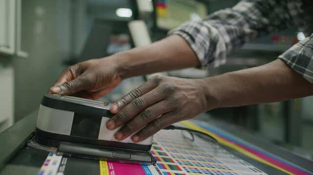 African American male technician operating spectrophotometer on printed color chart in printing house, measuring calibration accuracy and production quality. Tilt up, close up shot