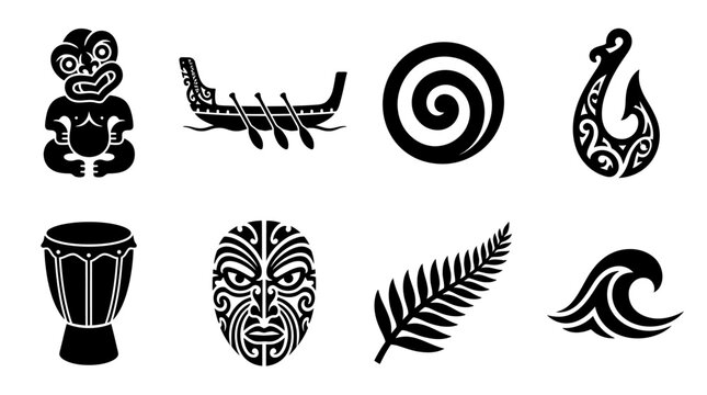 Maori and Polynesian Culture Vector Icons Set &mdash; Tiki Figure, Canoe, Spiral, Fish Hook, Drum, Mask, Fern Leaf, and Ocean Wave Silhouette Vector Illustration