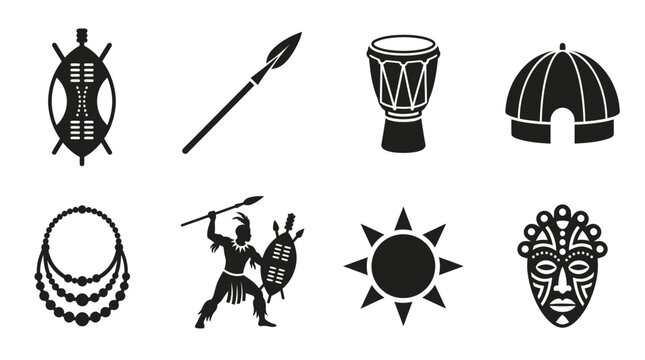 Zulu Heritage Vector Icons Set &mdash; Shield, Spear, Drum, Hut, Necklace, Warrior, Sun Symbol, and Tribal Mask Silhouette Vector Illustration Representing African Culture and Tradition
