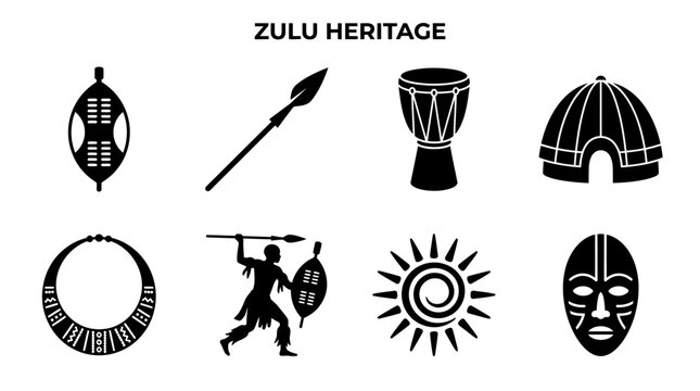 Zulu Heritage Vector Icons Set &mdash; Shield, Spear, Drum, Hut, Necklace, Warrior, Sun Symbol, and Tribal Mask Silhouette Vector Illustration Representing African Culture and Tradition