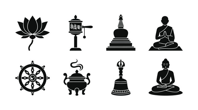 Buddhist Spiritual Symbols Vector Icons Set &mdash; Lotus, Prayer Wheel, Stupa, Monk, Dharma Wheel, Incense Burner, Bell, and Meditation Pose Silhouette Vector Illustration Representing Enlightenment