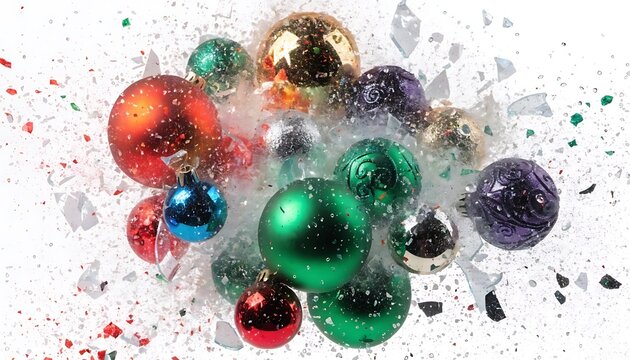 Exploding Christmas baubles dynamic festive effect With shadow cut out isolated on white background. AI GENERATED.
