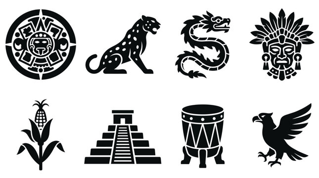 Aztec and Mayan Culture Vector Icons Set &mdash; Calendar, Jaguar, Quetzalcoatl, Mask, Corn, Pyramid, Drum, and Eagle Silhouette Vector Illustration Representing Ancient Mesoamerican Civilization