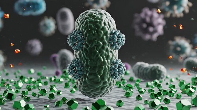 Microscopic battle Nanobots fighting bacteria and viruses in a vibrant abstract biological landscape.