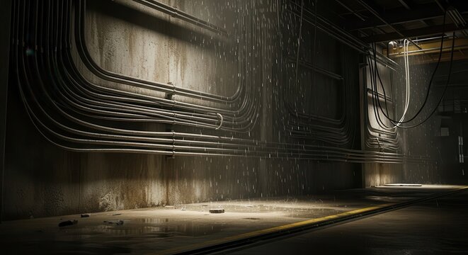 Exposed industrial electrical conduits and wiring systems snaking across a weathered concrete wall and floor
