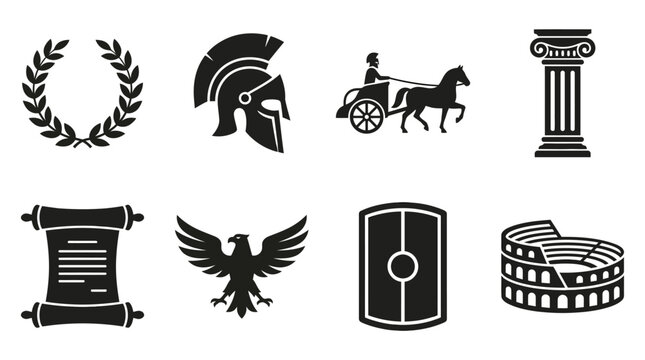 Ancient Roman Culture Vector Icons Set &mdash; Laurel Wreath, Helmet, Chariot, Column, Scroll, Eagle, Shield, and Colosseum Silhouette Vector Illustration Representing Classical Civilization and History