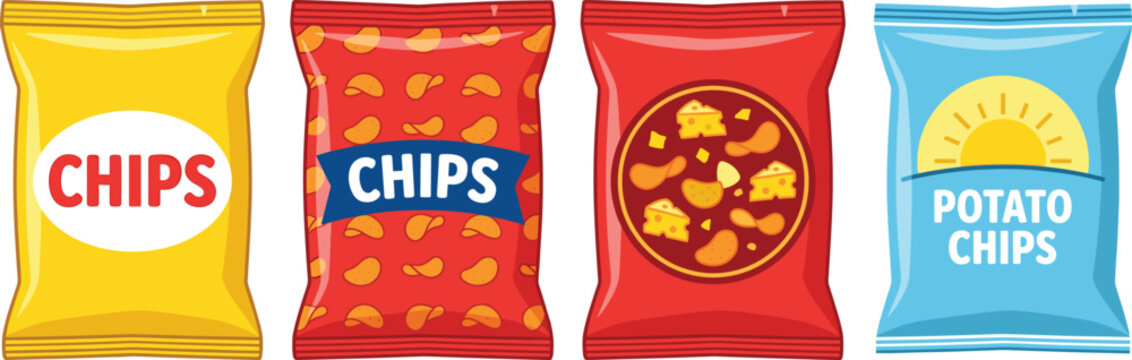 Potato chips bags set, colorful crunchy snacks packaging mockup vector cartoon illustration for food retail