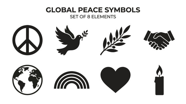 Peace and Unity Vector Icons Set &mdash; Dove, Olive Branch, Handshake, Globe, Rainbow, Heart, Candle, and Peace Symbol Silhouette Vector Illustration Representing Harmony and Love