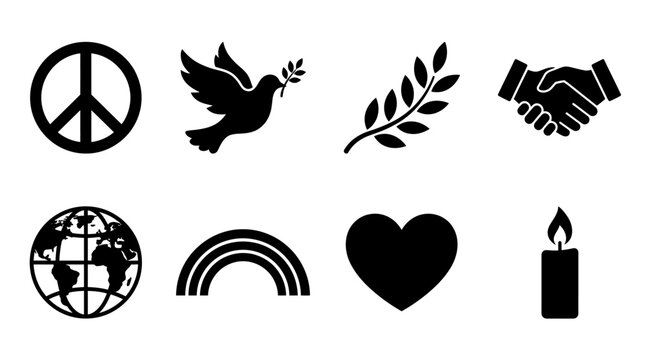 Peace and Unity Vector Icons Set &mdash; Dove, Olive Branch, Handshake, Globe, Rainbow, Heart, Candle, and Peace Symbol Silhouette Vector Illustration Representing Harmony and Love