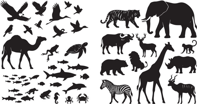 Wild animals and sea life silhouette vector mega collection with birds elephant tiger shark and turtle for laser cutting CNC engraving