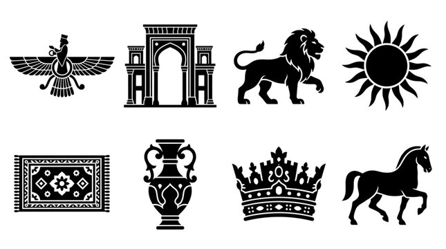 Persian Heritage Vector Icons Set &mdash; Faravahar Symbol, Ancient Gate, Lion, Sun, Carpet, Vase, Crown, and Horse Silhouette Vector Illustration Representing Iranian Art and Culture