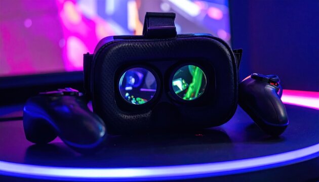 Black Virtual Reality Headset and Game Controllers on Neon Lit Gaming Desk