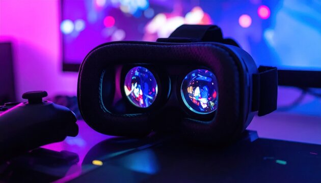 Black Virtual Reality Headset Resting on Desk in Neon Gaming Setup