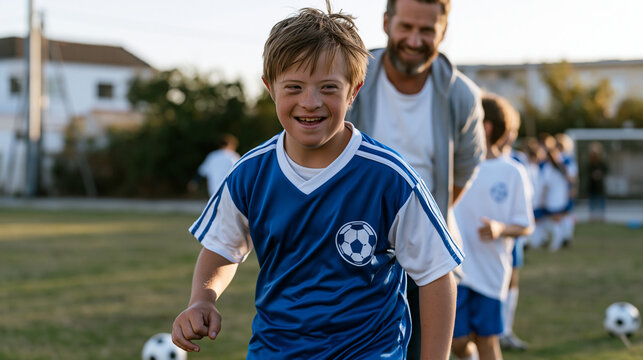 Father of a child with Down syndrome coaching a Saturday morning soccer practice, child wearing the same uniform as teammates, the deliberate normalcy of inclusive sport captured in the action of a 