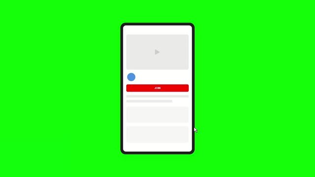Channel Join Membership Button Animation on Smartphone Interface, Social Media Creator Loyalty Program Overlay with Green Screen