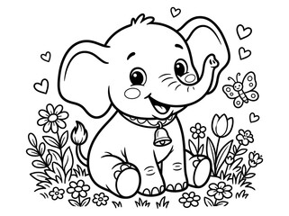 Cute cartoon elephant sitting in flowers with butterfly and hearts around happy animal