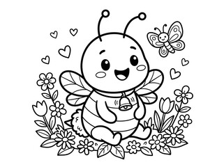 Fototapeta premium Cute cartoon bee sitting among colorful flowers and a butterfly outdoors