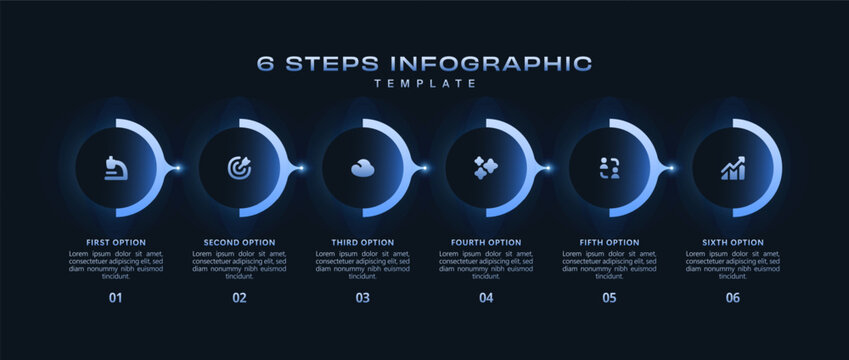 Futuristic 6 step infographic template with glowing blue neon elements, modern business workflow layout, digital presentation design, technology process chart, vector UI visualization pack