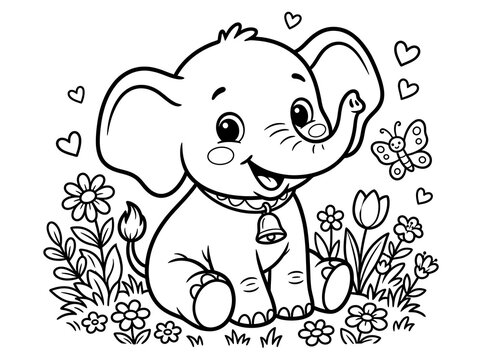 Cute cartoon elephant sitting in flowers with butterfly and hearts around  happy animal