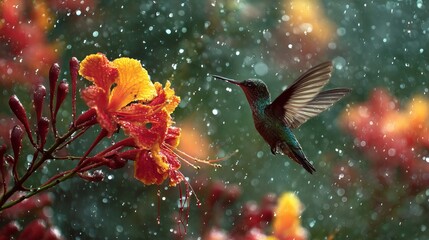Fototapeta premium Vibrant Hummingbird Hovering Beside Tropical Flower