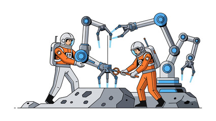 Astronauts and Robotic Arms on Extraterrestrial Surface: Two astronauts in protective suits work together with advanced robotic arms on a rocky, alien terrain. © Ajm