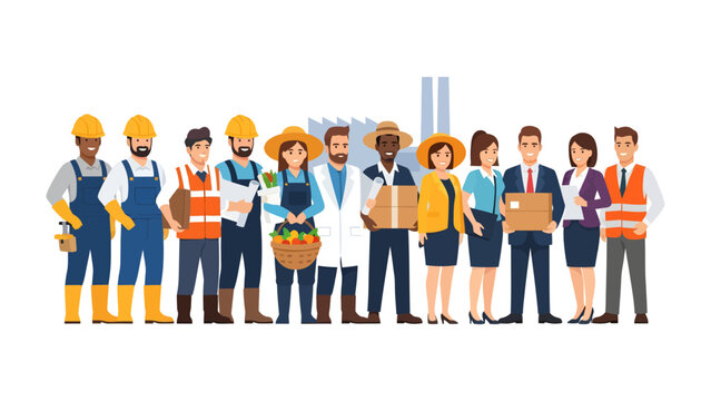 A Diverse Workforce: A collection of professionals from various industries stand together, representing the breadth of human labor and dedication, from construction to agriculture and corporate roles.