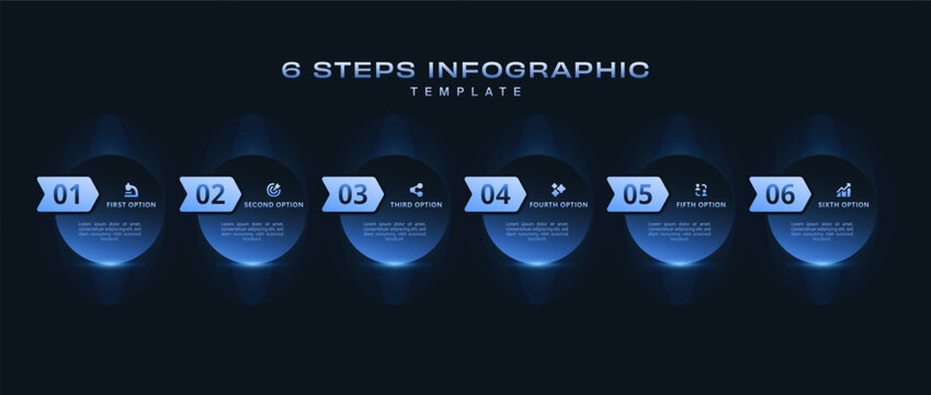 Futuristic 6 step infographic template with glowing blue neon elements, modern business workflow layout, digital presentation design, technology process chart, vector UI visualization pack