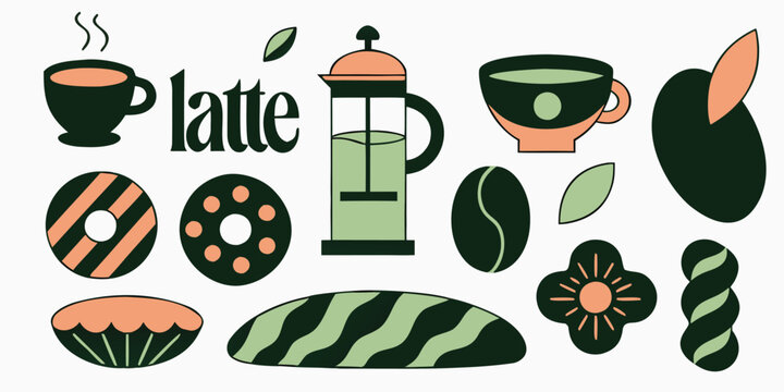 Various latte coffee icons with desserts and pastries. Coffee beans, latte text, french press, donuts, pies, and leaves in green and orange.