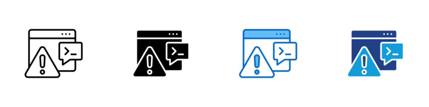 Command Alert Multiple Style Icon Design Vector - Browser window with warning sign and terminal bubble representing code error detection, system alert, and developer troubleshooting
