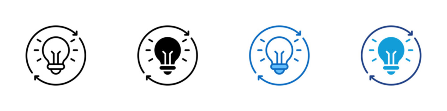 Idea Iteration Multiple Style Icon Design Vector - Light bulb with circular arrows representing idea iteration, creative refinement, and continuous innovation