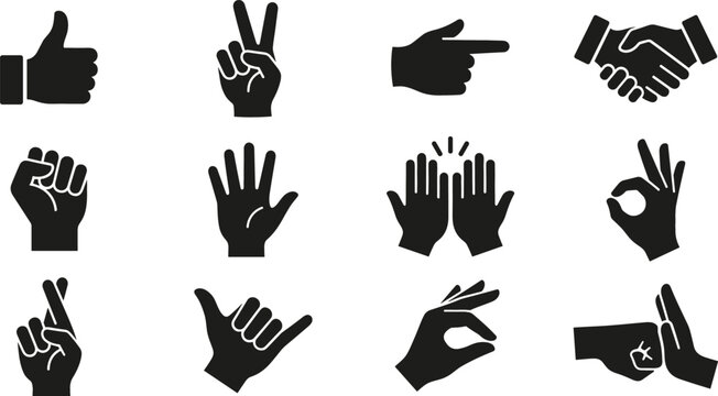 Hand Gestures and Signs Icon Set with Thumbs Up Victory Pointing Handshake Fist High Five Ok Sign Crossed Fingers and Shaka Black Vector Graphics