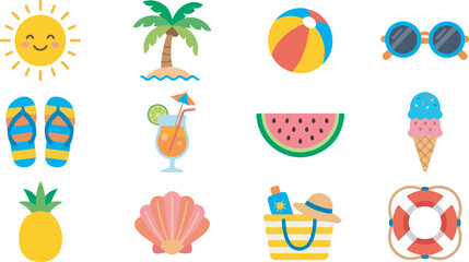 Naklejka premium Cute Summer Beach Vacation Vector Icon Set