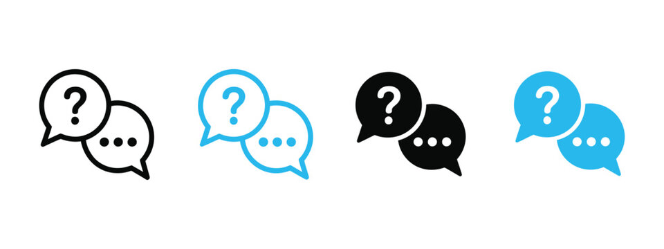 FAQ and support vector icon set, speech bubbles, question mark and ellipsis pictograms for help center, communication and inquiry design.