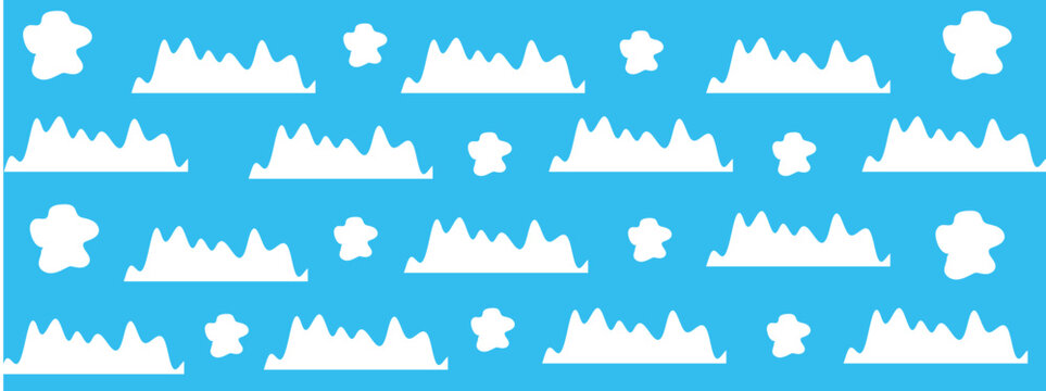 A playful and seamless vector pattern featuring simplified white mountain silhouettes and cloud icons perfect for wallpapers children's designs or web backgrounds.