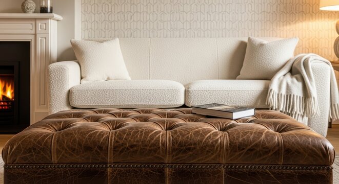 A luxurious tufted leather ottoman with a distressed saddle brow finish complements a modern sofa in a well-appointed living space