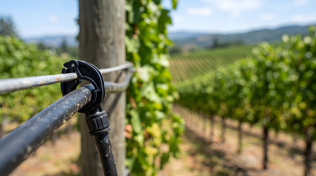 Vineyard irrigation system detail with a black clip securing a water pipe to a trellis wire in a sunny grape field.