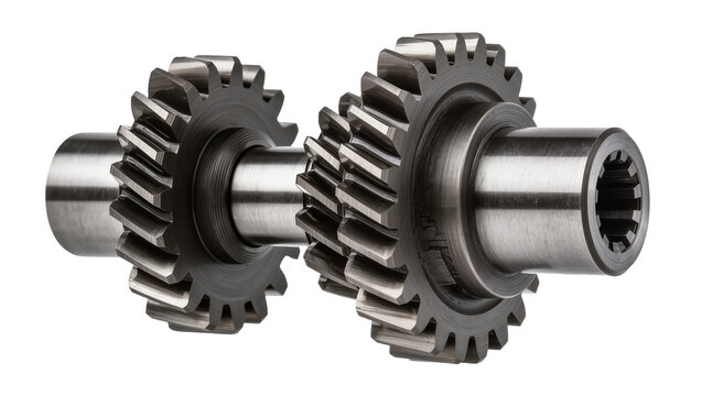 Two metal helical gears meshed together on shafts, isolated on transparent background