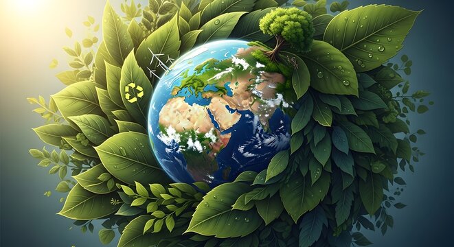  Planet Earth rests on a bed of lush green leaves with a small recycling symbol woven into the foliage against a serene gradient background.